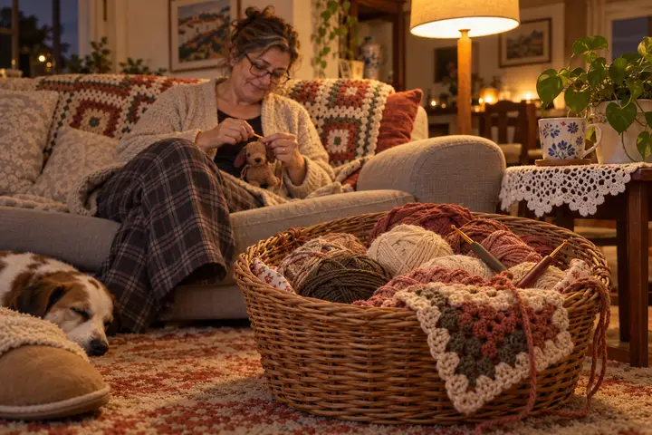 Sala ao serão: a senhora no sofá com o croché, o cesto de novelos e o cão a dormir no chão