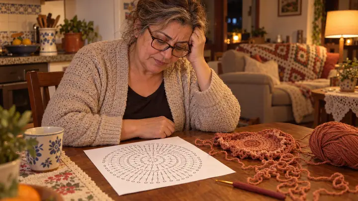 Uma senhora com a mão na testa a olhar para um gráfico de croché em símbolos, com a peça a meio na mesa