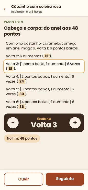 Ecrã do passo 1 de 9 do cãozinho: as voltas 1 a 6 com o total de cada uma, o contador na volta 3, a nota No fim: 48 pontos e os botões Ouvir e Seguinte