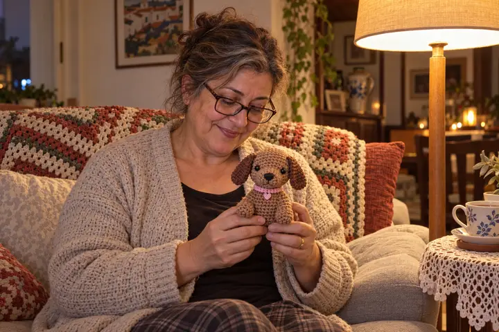 A mesma senhora a mostrar o cãozinho acabado, com coleira rosa